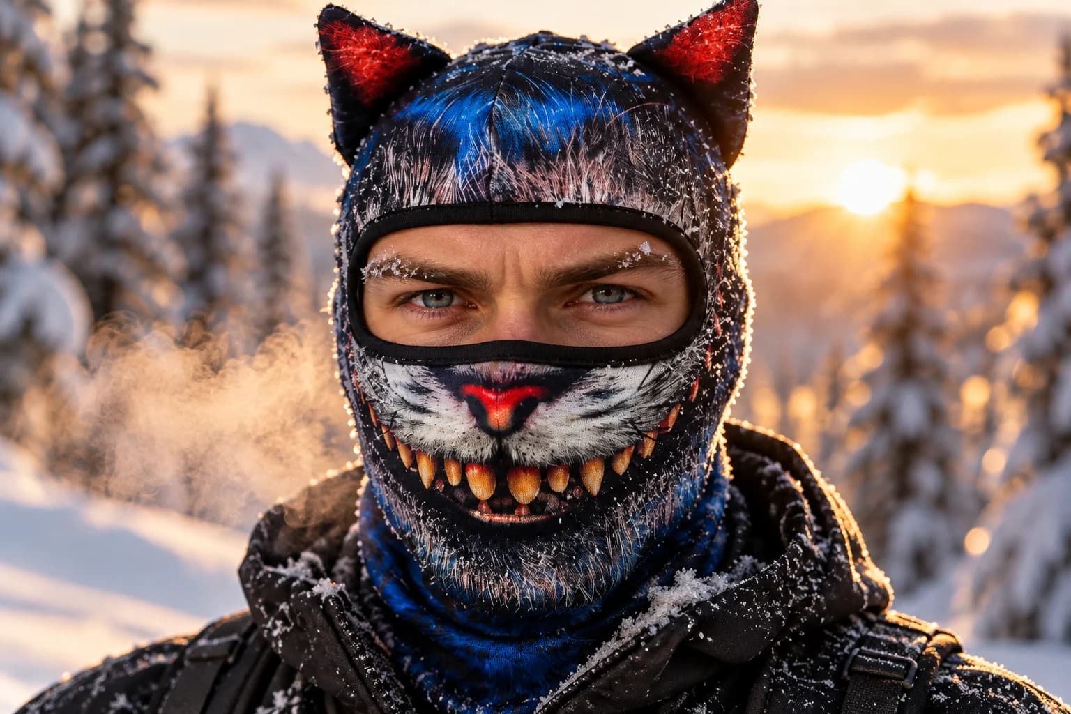 Frosted close-up of the Cheshire Cat balaclava at −15°C