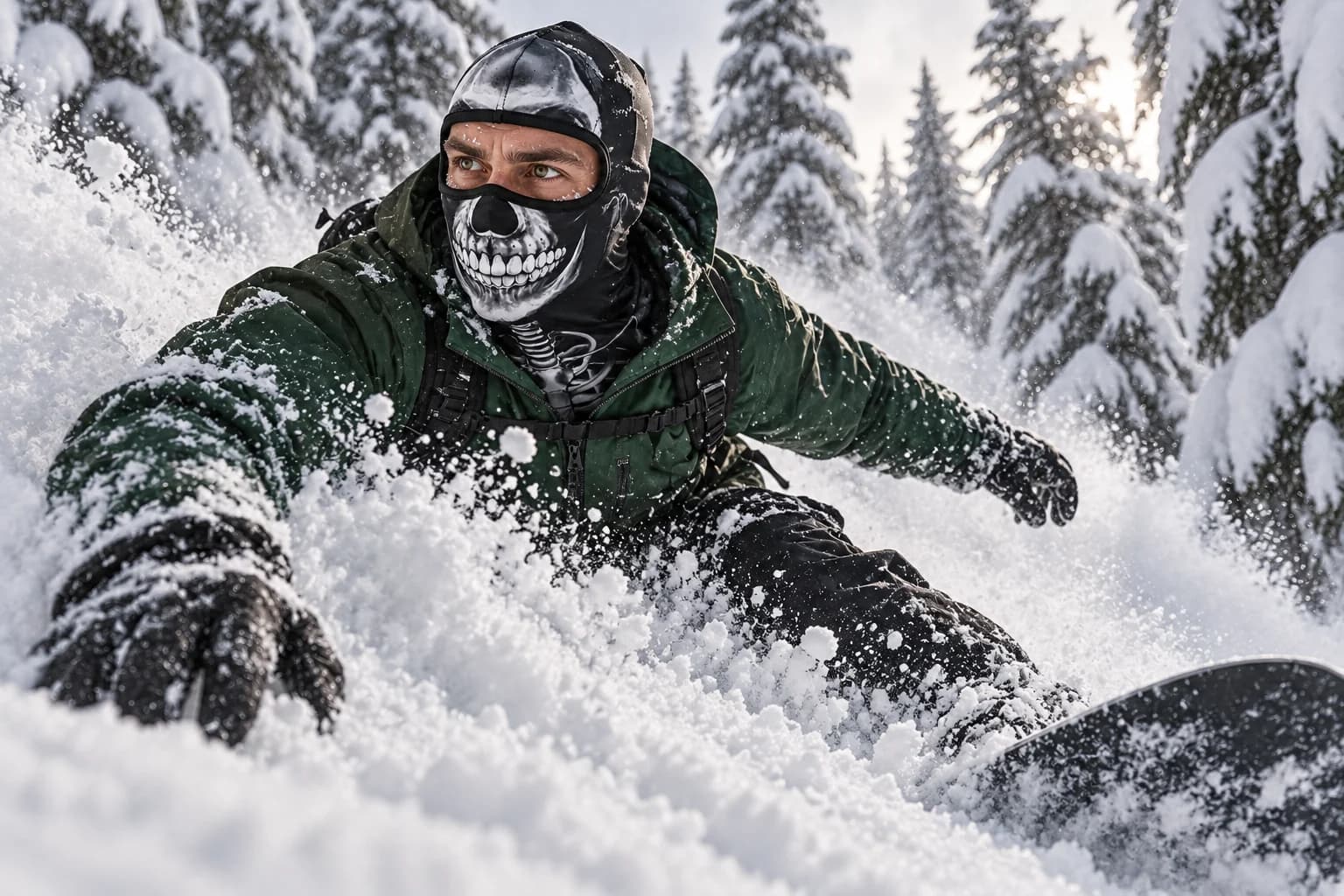 Snowboarder slashing powder between pines in the Skull balaclava